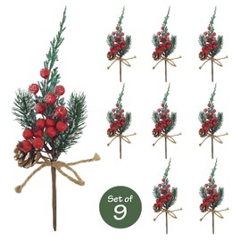 BANBERRY DESIGNS Christmas Craft Floral Picks Snowy Pinecone & Red Berry Pick with Pine Greenery Set of 9 Crafting Accessory Artificial Flower Tree Decoration Christmas Crafts Wreaths Garlands 11" H