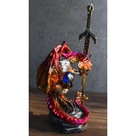 Red Metallic Fire Knight Dragon With Orb and Gothic Sword Letter Opener Figurine