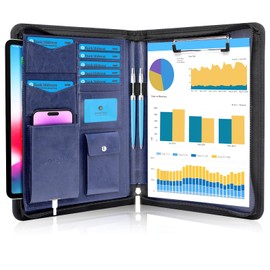 Darolin [Zippered] Portfolio Padfolio Organizer Binder with Clipboard, Leather Business Interview Resume Document Holder Folder Planner Organizer for Office Conference Notepad Bag for Women-Blue