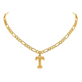 FOCALOOK 18k Gold-Plated Clavicle Chain for Women Girls Pendant Letter with 40 + 5 cm Figaro Chain Trendy Initial Short Necklace Alphabet Letter Jewellery Accessory A to Z Available, Brass
