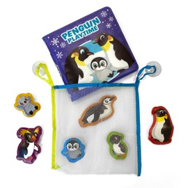 Phidal Penguin Bath Time Books - Activity Books for kids, Bath book, 6 Padded suction cups, 1 Mesh bag