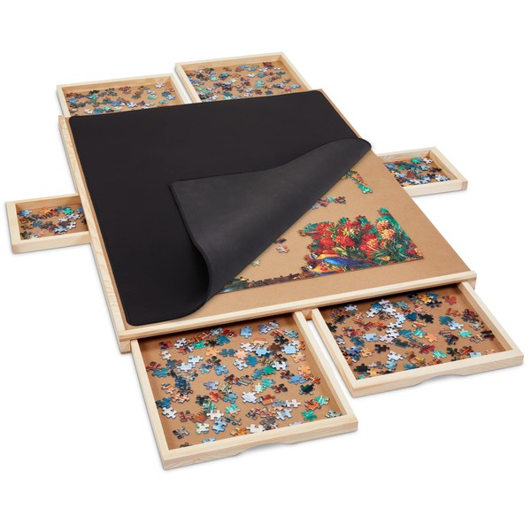 SkyMall 1000 Piece Puzzle Board w/Mat | Premium Wooden Jigsaw Puzzle Table with 6 Magnetic Removable Storage & Sorting Drawers | 23"x31" Smooth Plateau Work Surface & Reinforced Hardwood Construction