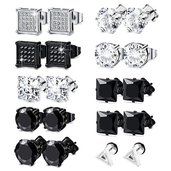 10 Pairs Men's Square Diamond Stud Earrings Silver Black Cubic