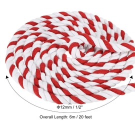 PATIKIL 1/2 Inch x 20 Feet Natural Twisted Cotton Rope, 3 Strand Tug of War Rope with Sealing Tape for Craft Railings Home Decor, Red White