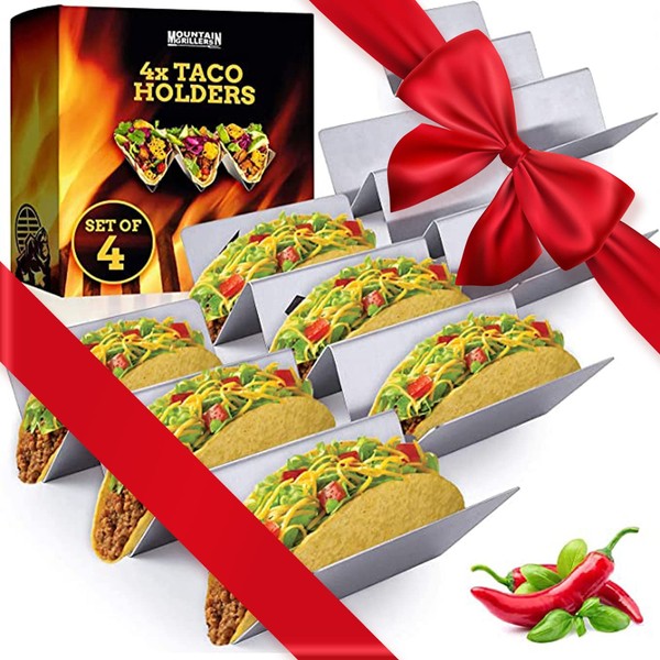 Taco Holders Take Taco Tuesday to New Heights - Set of 4 Reversible Tortilla Holder Tray Can Hold 2 or 3 Shells - Makes Prep a Breeze, No Mess - Smooth Stainless Steel That's Dishwasher Safe