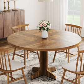 GarveeHome Round Dining Table for 4, 47 Inch Farmhouse Kitchen Table with Wood Tabletop and Stable Base, Circle Dinning Room Table for Home Dining Room Living Room, Brown (Only Table)
