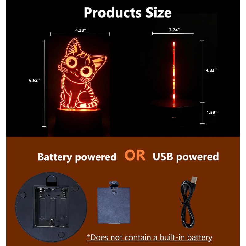 Lumipallas Cat Night Light Remote Control, Kitty Cute 3D Illusion