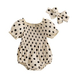 Kavousa Smocked Baby Girl Clothes Newborn Girl Bubble Romper Short Sleeve Jumpsuit Summer Outfit Cute Infant Clothing (Dot Black, 3-6 Months)