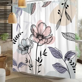 Leowefowa Boho Floral Shower Curtain Mid Century Aesthetic Minimalist Shower Curtains for Bathroom Spring Flower Leaves Abstract Modern Decor Waterproof Durable Fabric Set 72x72 inch
