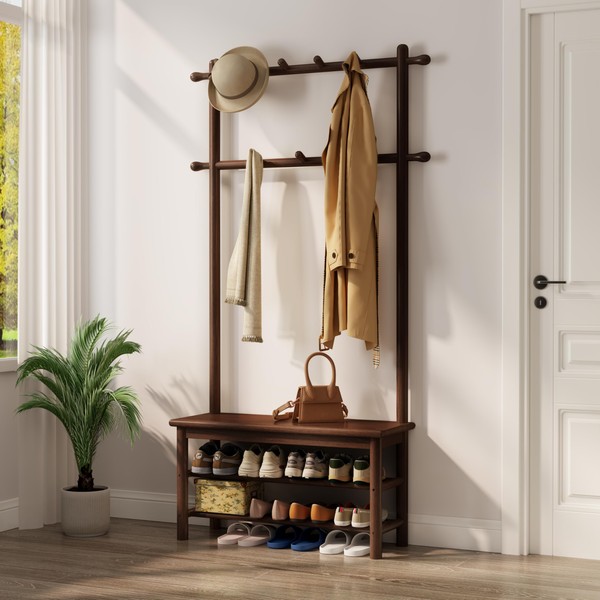 AQIMUELE Hall Tree, Coat Rack with Shoe Storage, Wooden Hall