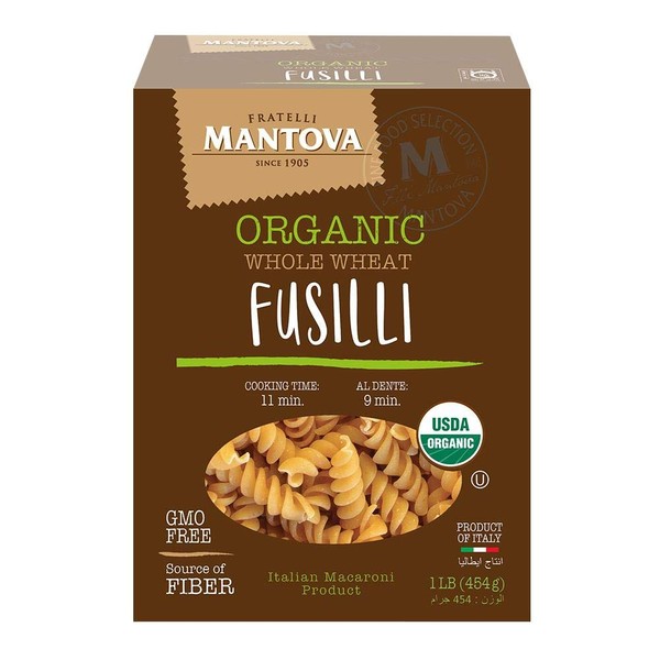 Mantova Italian Organic Whole Wheat Fusilli Pasta - 100% Durum Semolina Organic Whole Wheat Fusilli - 16 Oz - Product Of Italy, 1 Pound (Pack of 6), Package May Vary