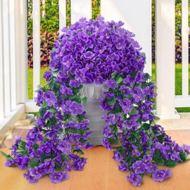Der Rose 2 Packs Fake Hanging Plants Artificial Flowers for Outdoors Purple UV Resistant for Home Porch Balcony Garden Patio Decor