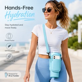 40 oz Tumbler Carrier for Hands-Free Travel – Neoprene Holder with Phone Pocket & Adjustable Strap