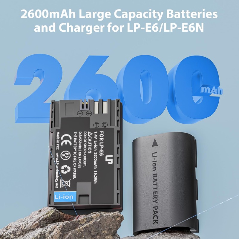 LP LP-E6 LP-E6N Battery and Charger Pack, 2-Pack 2600mAh Battery