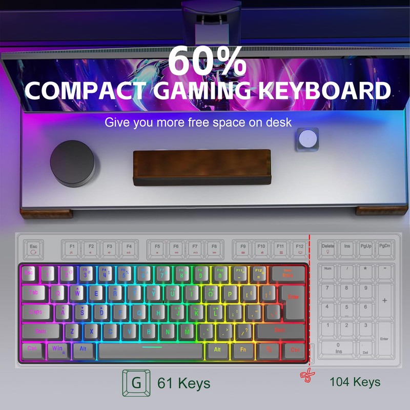 Snpurdiri 60% Wired Gaming Keyboard, RGB Backlit Ultra-Compact 61 Keys
