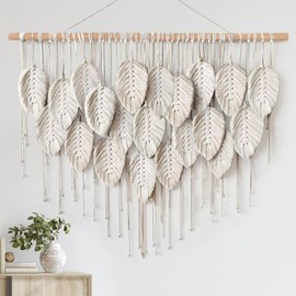 ASTNIC Macrame Wall Hanging Large Tapestry Woven Wall Hanging Boho Leaf Tassel Tapestry Aesthetic Bohemian Feather Chic Home Wall Art Decor for Bedroom Living Room Apartment Decoration (Beige)