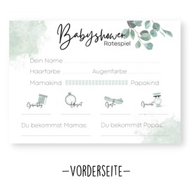 Baby Shower Games (25 Cards - Printed on Both Sides) - German - Baby Shower Games for Boys and Girls - Decorative Baby Shower Party Game - Eucalyptus Watercolour