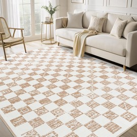 CocoHouse 5x7 Area Rug for Living Room - Plaid Rug Home Decor for Bedroom, Washable Area Rugs with Non Slip Backing, Carpet Stain Resistant for Dining Room, Checkered Rug for Nursery, Beige