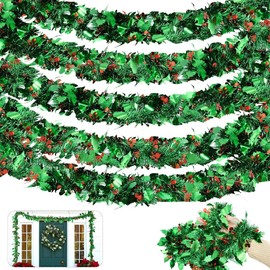 HOVUK® 5x Holly Berry Tinsel Garlands 2M - Deluxe Green Christmas Tree Decoration, Holly Leaves Garlands for Xmas Party and Home Decoration