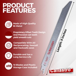 9-Inch Thick Metal Cutting Reciprocating Saw Blades (18 TPI) Made of Long Lasting Bi-Metal (HSS Teeth Bonded to HCS Body) - 10 Pack - Caliastro