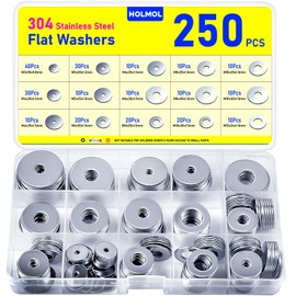HOLMOL Washers 250 PCS, Flat Penny Washers, Stainless Steel Washers for Screws, 15 Sizes Washers for Bolts M3 M4 M5 M6 M8 M10 M12, Metal Washers Assorted, Flat Washers for Screws & Bolts