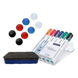 Staedtler Lumocolor 351 B WP6 Whiteboard Marker, Chisel Tip, 2-5 mm, 6 Pens, Combination Set 8 Magnets (Marker, Eraser Blue and 8 Magnets Assortment)