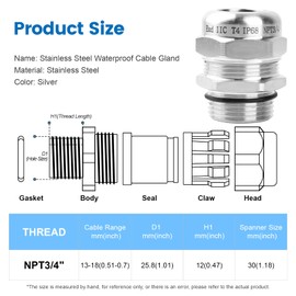 2 Pcs 3/4" NPT Stainless Steel Waterproof Cable Gland, IP68 Waterproof Adjustable Cable Glands, Strain Relief Cord Grip Connectors with Gaskets and Locknut for 13-18mm Cable Diameter