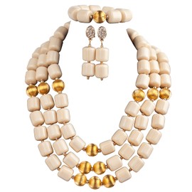 Africanbeads 3 Rows Gold Tone Coral Necklace Bracelet Earrings,Nigerian Wedding Coral Beads Jewelry Set, 3 Rows, man made coral, No Gemstone