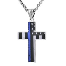 Phuc Minh American Flag Cross Pendant Necklace for Men – Patriotic Religious Jewelry with Stars and Stripes Design (Blue)