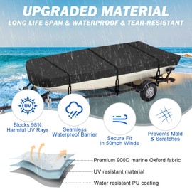 Jon Boat Cover 16ft - 18 ft,900D PU Waterproof Heavy Duty Jon Boat Waterproof Trailerable Jon Boat Covers with Windproof Straps, Jon Boat Beam Width up to 79 inch, Black