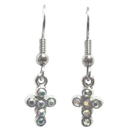 Tiny Cross – Clear AB Crystal Rhinestones - (13x8mm) - Tibetan Silver charm dangle earrings. Hypoallergenic Stainless-Steel Fishhook or Silver Plated Ball-Post, or Clip-on Earrings Opt.