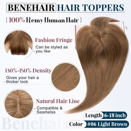 Benehair Women Human Hair Toppers with Bangs 6inch Light Brown Women Hair Topper Clip in Topper Straight Remy Hair Silk Base Hair Toppers for Women with Thinning Hair/Gray Hair/Hair Loss #6