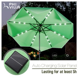 PHI VILLA 10ft Patio Umbrellas with 24 pcs LED Solar Lights, Outdoor Market Table Lighted Umbrella with 8 Steel Ribs, Tilt for UV-Resistant, Lotus Leaf Shape Canopy, Green