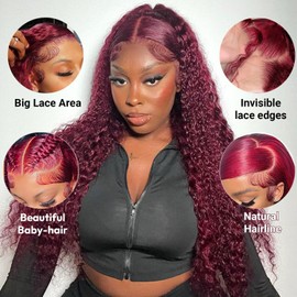 Estilar 99j Burgundy Lace Front Wigs Human Hair Glueless Wigs Human Hair Pre Plucked Pre Cut 13x6 HD Transparent Wet and Wavy Red Color Curly Wig Human Hair for Women with Baby Hair 20 Inch