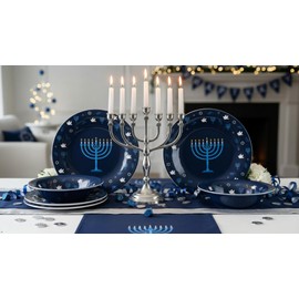 UPware 12 Piece Hanukkah Menorah Melamine Dinnerware Sets, Outdoor Dishes Set, Plates and Bowls Sets, Hanukkah Decorations, Service for 4, Indigo Blue