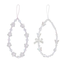 ktxaby 2 PCS Phone Charms Strap,Beaded Phone Charm,Phone Bracelet Strap,White Crystal Butterfly Pearl Wrist Lanyard,Purple Flower Crystal Phone Bracelet for Women's Phone Key Charms