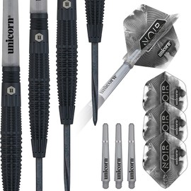 Unicorn Steel Tip Darts Set | Noir Style 2 | 90% Tungsten Barrels with Black Titanium Coating & Black Volute Points | 21 g