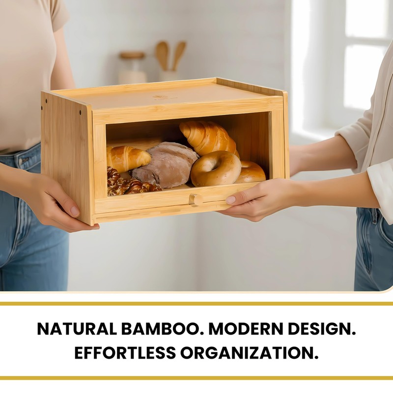 KuraHouse Bamboo Bread Box with Sliding Lid – Large Bread