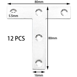 12 PCS Stainless Steel Furniture Connection Plates,Flat Metal Repair Mending Fixing Plate Brackets Support (T-Shaped)