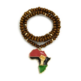 Fist Power in Pan African Colored Africa Map Pendant 6mm 30" Wooden Bead Necklace in Gold Tone (Pan Color / 6mm 30" Wooden Bead Brown)