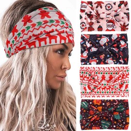 Acenail Wide Headbands Non Slip Knotted Turban Headband Elastic Santa Claus Xmas Hairbands Deer Red Workout Head Wraps Yoga Hair Scarfs Christmas Hair Accessories for Women 4Pcs (Xmas B, 9.8 * 5.9'')