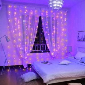 Brightown 300 LED Curtain Lights for Bedroom 9.8 FT Hanging Window Lights with Remote, Connectable, 8 Modes, Waterproof Fairy Lights for Outdoor Indoor Christmas Holiday Party, Purple & Orange