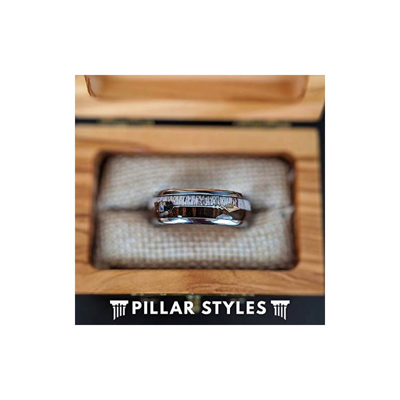 8mm Deer Antler Rings for Men Wedding Band with Wooden