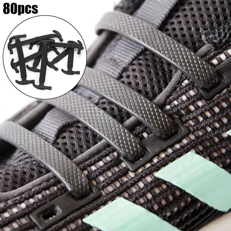 80pcs Silicone Lazy Shoelaces Elastic Black No Tie Shoe Laces