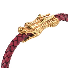 COOLSTEELANDBEYOND Stainless Steel Gold Dragon Head Braided Red Leather Bangle Bracelet Wristband, Mens(CA)