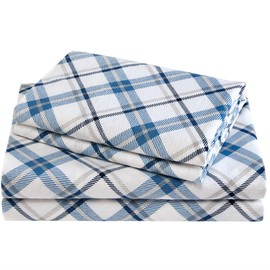 Comfort Spaces Cotton Flannel Breathable Warm Deep Pocket Sheets with Pillow Case Bedding, Full, Blue Plaid 4 Piece