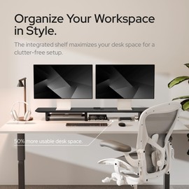 KIVY Dual Monitor Riser With Integrated Metal Shelf [MADE BY HAND] - Wooden Desk Shelf for 2 Monitors - Wide Long Stand for Desk (44 x10x3in - Black)