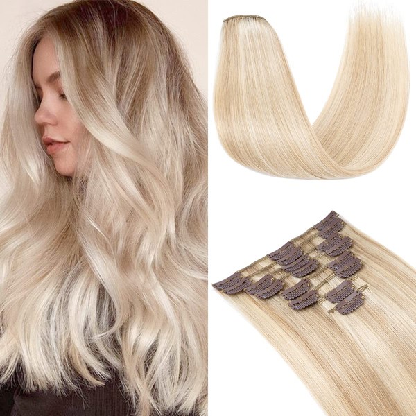 S-noilite Clip-In Real Hair Extensions, Remy Clip-In Real Hair Extensions, Straight, 8-Piece Set, 18 Clips, Double Wefts, Real Hair Extensions Clip, 20 cm - 45 g (#18P613 Ash Blonde and Bleached