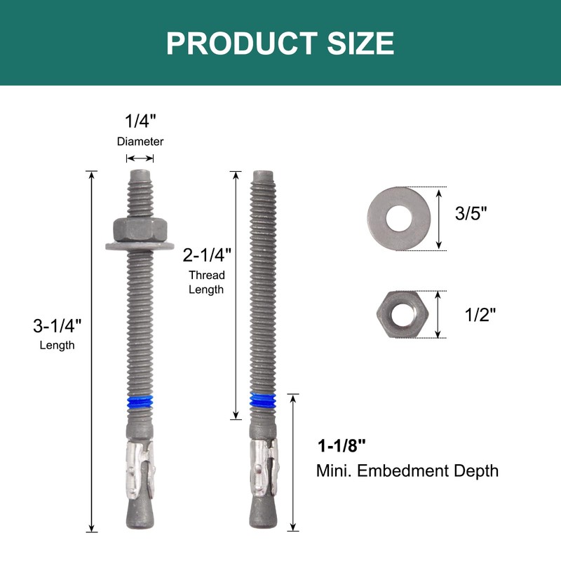 HROMIGRY 1/4" x 3-1/4" Concrete Anchors (20 Pack) 1/4 inch