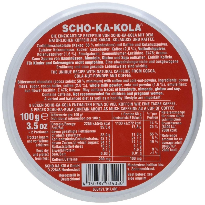 SCHO-KA-KOLA Chocolate Dark Classic with natural Caffeine from Cocoa, Cola-Nut-Powder